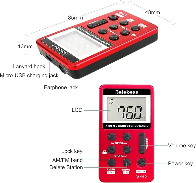 Retekess V112 AM FM Portable Pocket Radio, FM Receiver, Digital Tuning Stereo, with Headphones, Rechargeable Battery, for Walking, Jogging, Training, Church (Red)