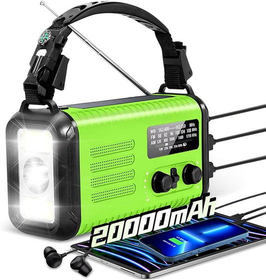 20000mAh / 74000mWh Emergency Crank Radio, NOAA/AM/FM Portable Weather Radio, Solar Hand Crank Radio, Battery Powered with USB Phone Charger, Flashlight Reading Lamp & SOS for Survival (Light Green)
