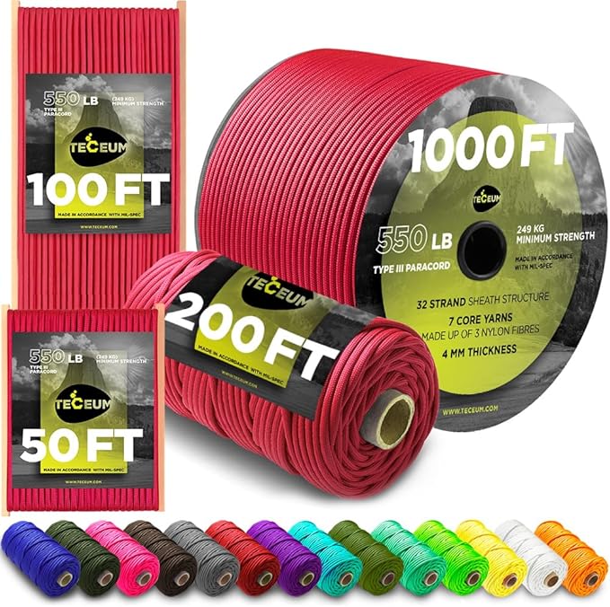 TECEUM Reflective Paracord Rope 1000 – 1000ft/200ft/100ft/50ft – 40+ Colors – Glow in The Dark – para Cord – Utility Rope for Survival, Hunting & Camping Gear – Nylon String, Camping Rope, Tent Cord