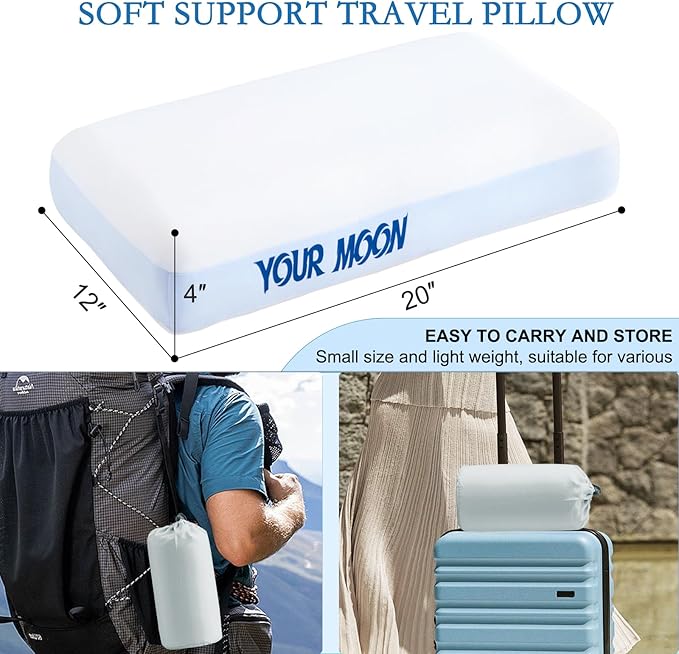 YOUR MOON Memory Foam Travel Size Pillow, Pure Cotton Cover, Small Compressible Camping Pillow for Sleeping, Portable Backpacking Support Pillows for Hiking, Car(White Blue)