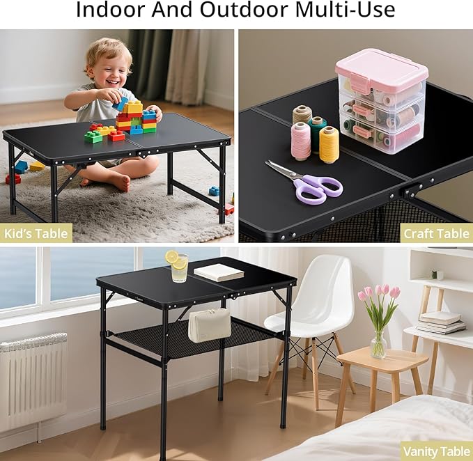 Anbte 3ft Camping Table Foldable with Storage Net, 3 Heights Max 29.5" Aluminum Camping Table with Portable Handle, Lightweight, for Travel Outdoor Beach Picnic Patio Indoor, 36" x 24", Pure Black