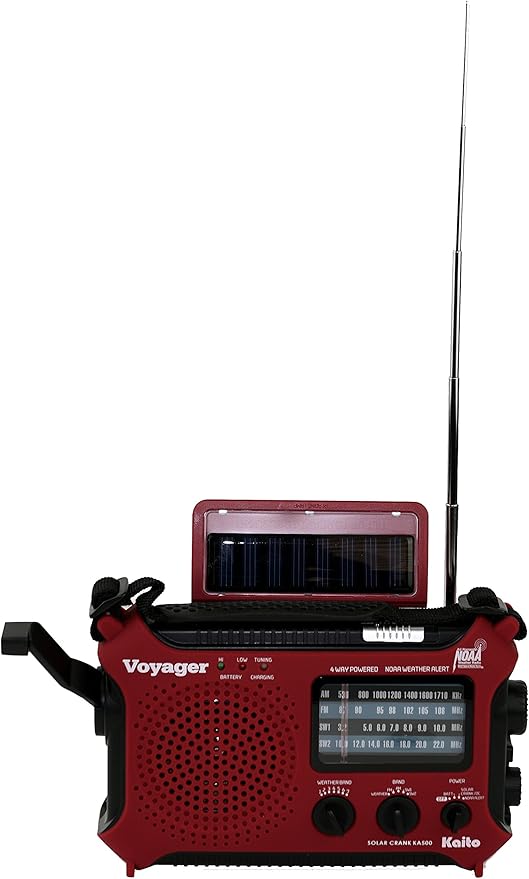 Kaito KA500IP-RED Voyager Solar/Dynamo AM/FM/SW NOAA Weather Radio with Alert and Cell Phone Charger, Red