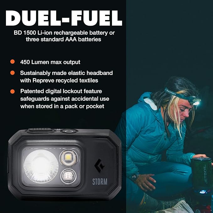 BLACK DIAMOND Storm 450 Headlamp | 450 Lumens Brightness | Waterproof & Dimmable | 3X AAA Battery Operated (Included | Camping, Hiking, Running | Ops Black