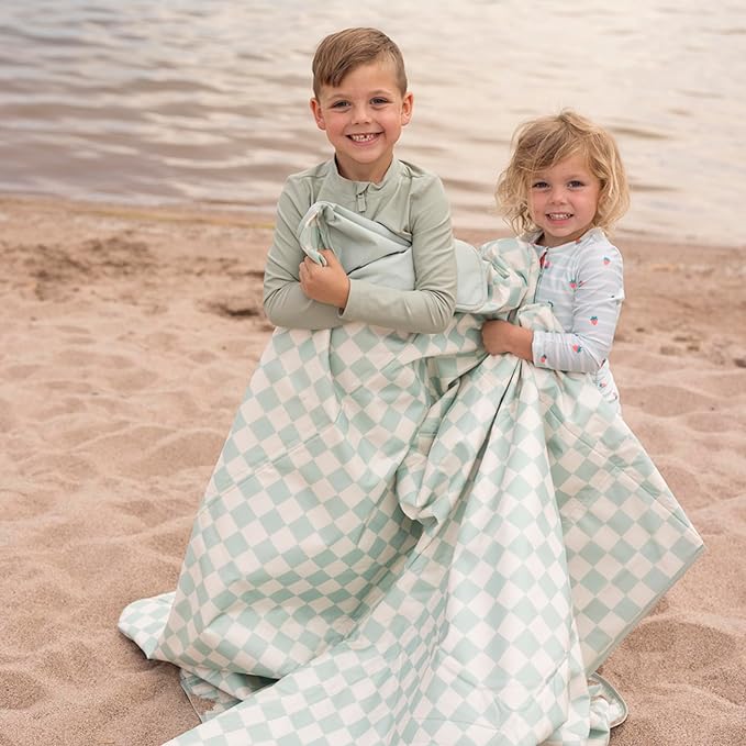 Tiny Twinkle Waterproof Picnic Blanket | 5'x7' 100% Recycled Polyester, Sandproof, Foldable & Portable for Beach, Camping, Travel (Sage Checkers