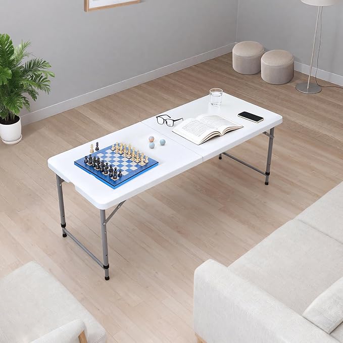 Lakhow Folding Table 4 Foot Heavy Duty Plastic Utility Table Portable Thick Table Top Small Indoor Outdoor Adjustable Height Folding with Carrying Handle，Sewing Table Camping Party Gathering ，White