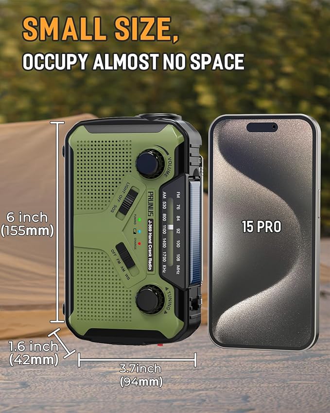 PRUNUS J-369 11100mWh Emergency Weather Radio, AA Batteries/Hand Crank/Solar/USB Charging, NOAA/AM/FM, LED Flashlight and Reading Lamp,SOS Alarm & Flashlight Portable
