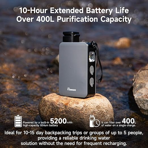 Nawaza Portable Electric Water Filter - 0.01 Micron Outdoor Camping Water Purifier for Hiking, Camping Water Filtration System Survival,Travel and Emergency (Grey)