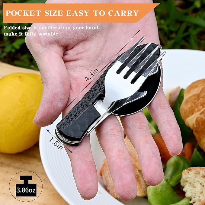 Camping Flatware, Stainless Steel Spoon Fork Knife Bottle Opener 4-in-1 Combo Utensil, Detachable Foldable Cutlery Set for Backpacking Hiking Fishing Scouting - Black