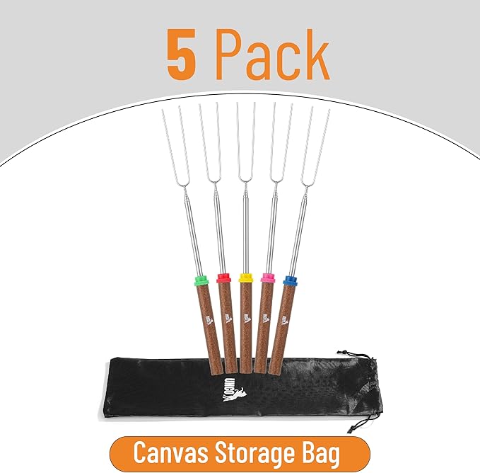 UNCO- Marshmallow Roasting Sticks, 32”, 5 Pack, Dark Brown Wooden Handle, Extendable Stainless Steel Smores Sticks for Fire Pit, Smores Skewers, Campfire Cooking Equipment