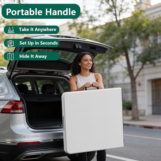 Folding Table 5ft - Heavy Duty Fold-in-Half Plastic Table with Adjustable Height, Portable Utility Tables with Steel Legs for Indoor, Outdoor, Picnic, Camping, Dining, Party (White)