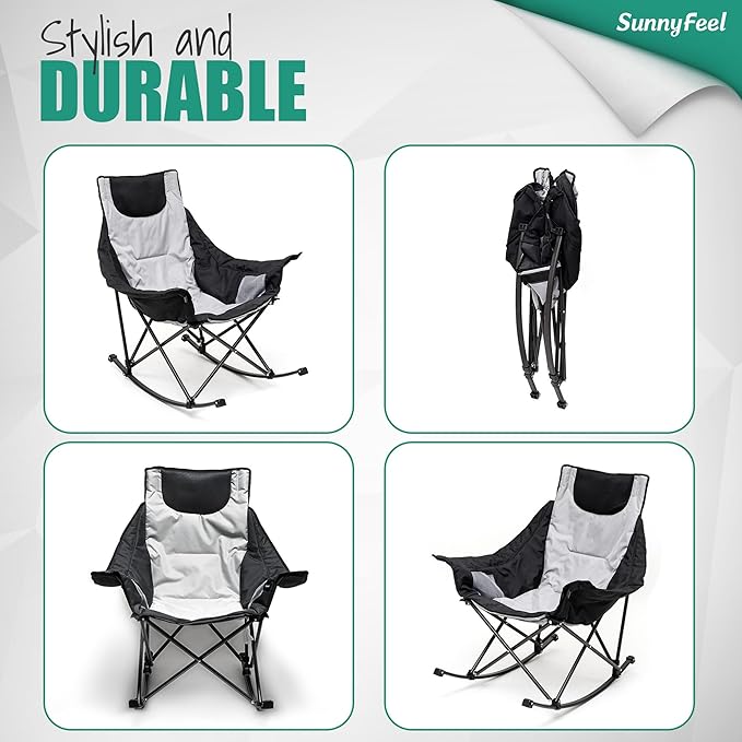 SUNNYFEEL Oversized Rocking Camping Chair 2 Pack, Fully Padded Patio Chair with Side Pocket, High Back Portable Lawn Recliner with Carry Bag, Outdoor Rocker Camp Chairs for Adults Heavy Duty 500 LBS