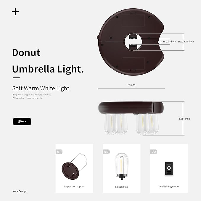 Patio 2 Packs Umbrella Light with LED Edison Bulbs, Battery Operation Cordless-Outdoor Umbrella Pole Lights with 2 Lighting Modes for Garden，Patio, Backyard, Camping or BBQ - Brown