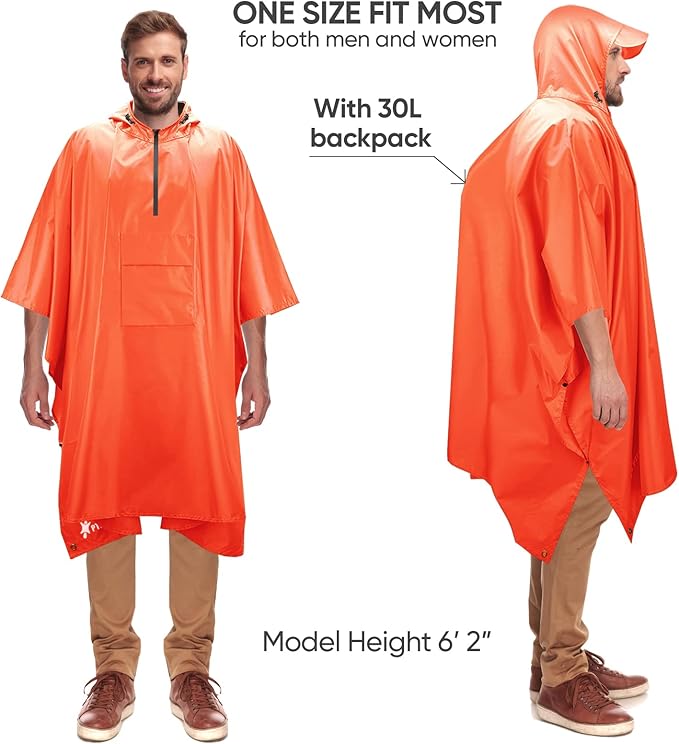 PTEROMY 3-in-1 Hooded Rain Poncho for Adult with Pocket, Waterproof Lightweight Unisex Raincoat for Hiking Camping Emergency
