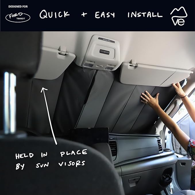 VanEssential Stealth Insulated Blackout Front Windshield Window Cover Designed for Ford Transit Van Medium and High Roof Year 2015 to Current - Charcoal Gray