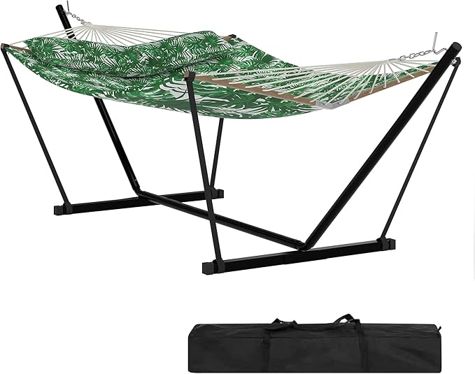 2 Person Double Hammock with Adjustable Steel Stand & Pillow, Heavy Duty Portable Outdoor Hammock Set, MAX 450 LBS Weight Capacity for Patio, Garden, Beach, Backyard