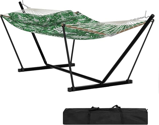 2 Person Double Hammock with Adjustable Steel Stand & Pillow, Heavy Duty Portable Outdoor Hammock Set, MAX 450 LBS Weight Capacity for Patio, Garden, Beach, Backyard