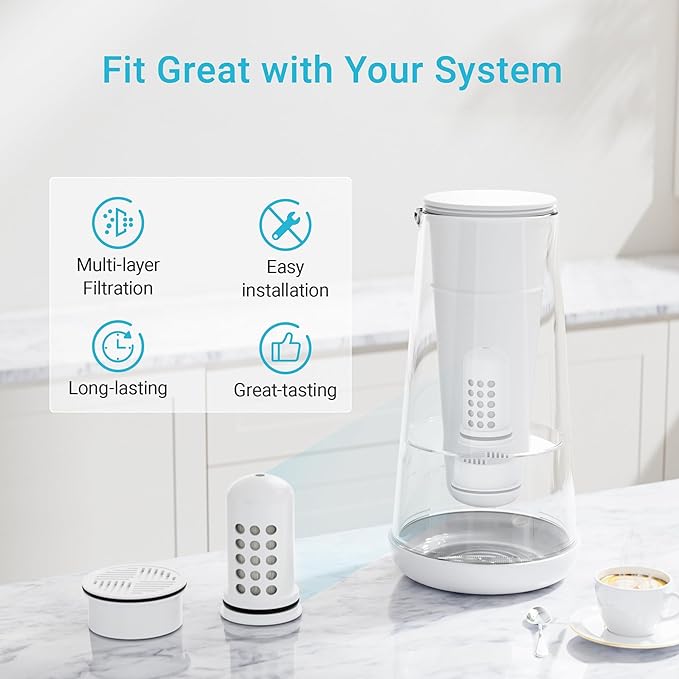 AQUA CREST Water Filter Compatible with LS Home Pitcher and Dispenser Systems, Replacement for LS Water Filter, Reduces Chlorine, 1 Membrane Micro Filter and 6 Activated Carbon Filter