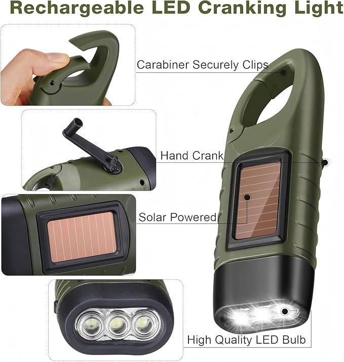 Mudder 4 Pack Hand Crank Solar Powered Flashlight Emergency Rechargeable Led Flashlight Survival Gear Self Powered Charging Torch for Hiking Backpack Camping Safety Emergency Pack(Green, Blue)