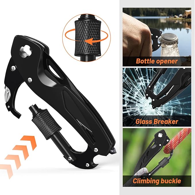 Carabiner Multitool 9-in-1 EDC Pocket Knife, Hexwrench, Saw, Screwdriver, Bottle Opener, Breaker, Survival Gear for Camping Climbing, Gifts for Men Women, Stocking Stuffers (Black)