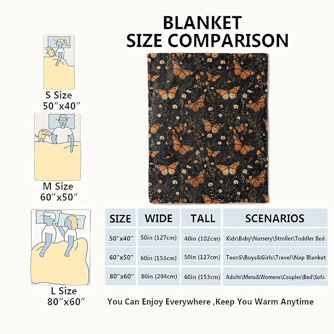 Butterfly Garden Blanket Floral Black Throw Blankets Gifts for Girls Women Adults Lightweight Soft Fleece Cozy for Sofa Couch Bed Room Travel Birthday Party Decor 40x50in