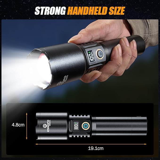 Esgofo Rechargeable Flashlights High Lumens 90,000 Long Range 3280FT, Super Bright Handheld Strong LED Flashlight Long Lasting 15H, Powerful Flash Light USB C, Zoomable 5 Modes, for Camping Hiking