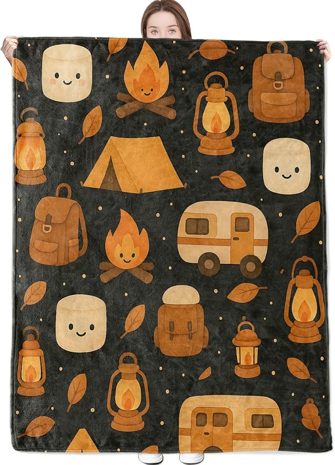 Camping Blanket Cute Cartoon Campfire Tent Marshmallow Lantern and Camper Pattern Throw Blankets Lightweight Flannel Throws for Couch Chair Office Bed Home Decor Gifts for Adults,80x60inch