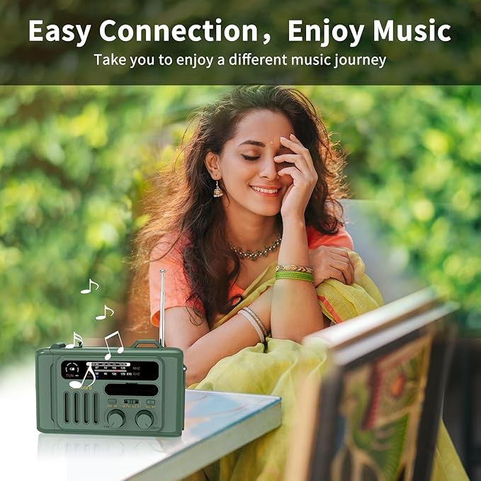 Solar Hand Crank Emergency Radio,NOAA/AM/FM with LED Flashlight & Reading Lamp,USB Type-C/Solar/Hand Crank Charging,Bluetooth Speaker,SOS Alarm&Compass for Camping Indoor Outdoor Emergencies (Green)