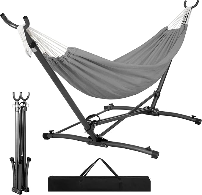 Homgava Portable Hammock with Folding Hammock Stand,Heavy Duty Steel Hammock Stand for Indoor and Outdoor with Carrying Bag,3 Holes for Height Adjustment, 550 LBS Weight Capacity,Grey