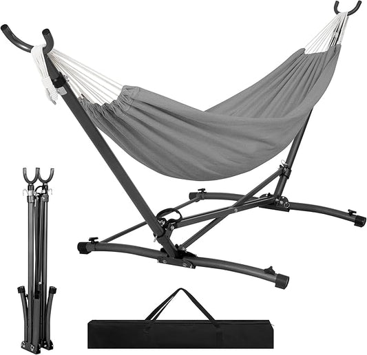 Homgava Portable Hammock with Folding Hammock Stand,Heavy Duty Steel Hammock Stand for Indoor and Outdoor with Carrying Bag,3 Holes for Height Adjustment, 550 LBS Weight Capacity,Grey