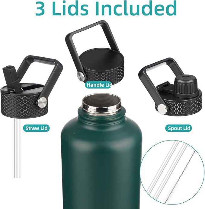 Konokyo Insulated Water Bottle with Straw,50 oz 3 Lids Water Jug with Carrying Bag,Paracord Handle,Double Wall Vacuum Stainless Steel Metal Flask,Dark Green