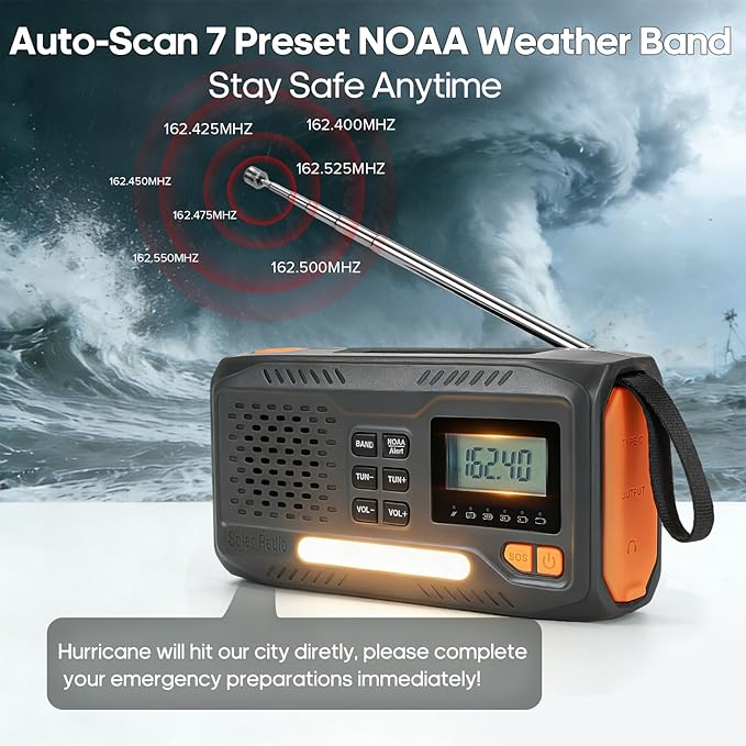 Emergency Crank Radio with NOAA Weather -Alert 7400 mWh Solar Hand Crank Portable AM/FM Radio, Rechargeable Battery USB Charger Flashlight LCD Screen Headphone Jack for Home Outdoor Hurricane Survival