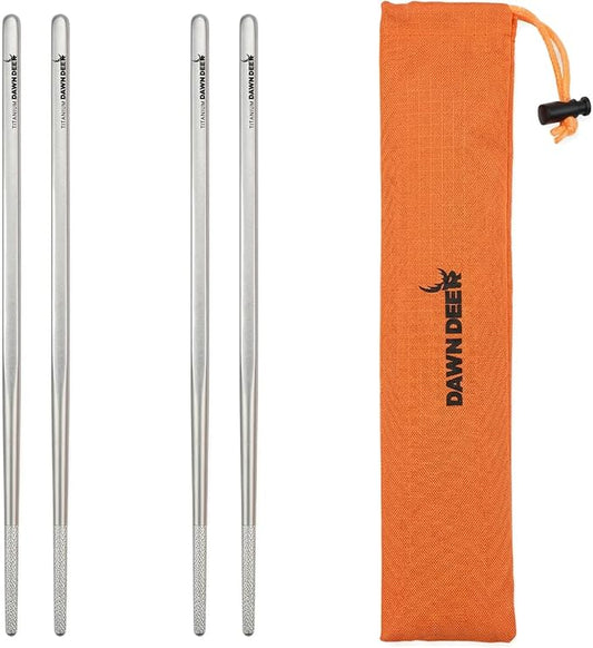 Titanium Chopsticks 2 Pairs with Carrying Case - 23cm Ultralight 15g Each, Hollow Design, Square Top Non-Roll, Laser Engraved Anti-Slip Tip, Sandblasted Finish, Reusable Camping Travel Utensils