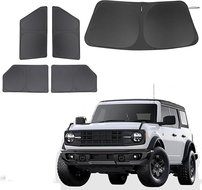 5PCS Windshield Sun Shade Custom Fit for 2021-2024 2025 Ford Bronco Accessories(Not for Bronco Sport) Foldable Sunshade Side Rear Window Shade Cover Full Set Privacy Protection