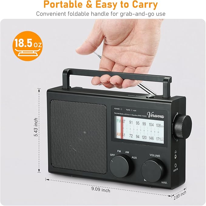 Portable AM/FM Radio with Bass Control, Equipped with a Built-in high-Power Speaker, Headphone Jack, and AUX Audio Input, Supports Battery or AC Power Operation (Black)
