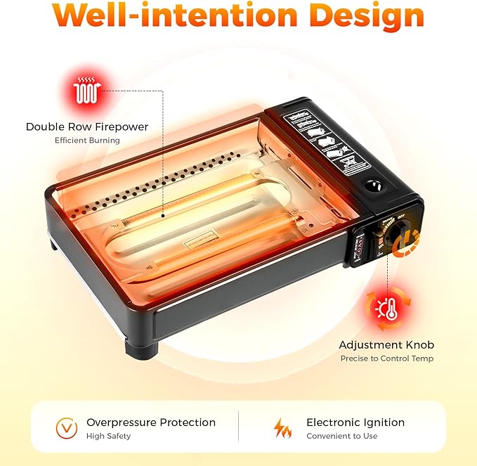Portable Gas Grill Butane Stove, Portable Camping Grill Gas Stove Portable Tabletop bbq Grill Free Standing BBQ Grill with Grilling Net Carry Case for Camping Traveling Outdoor Cooking