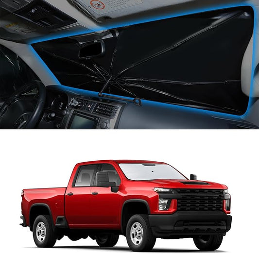 Windshield Sun Shade Umbrella Compatible with 2019-2024 2025 2026 /Chevy Silverado 1500 Accessories Regular Cab, Crew Cab, Double Cab 2Dr 4Dr Window Sunshade