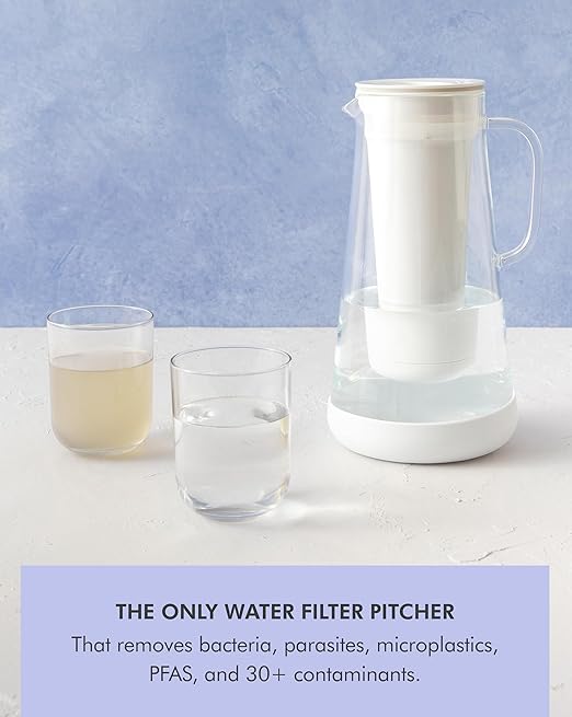 LifeStraw Home– Water Filter Pitcher, 7-Cup, Glass with Silicone Base, White, for Everyday Protection Against Bacteria, Parasites, Microplastics, Lead, Mercury, PFAS and a Variety of Chemicals