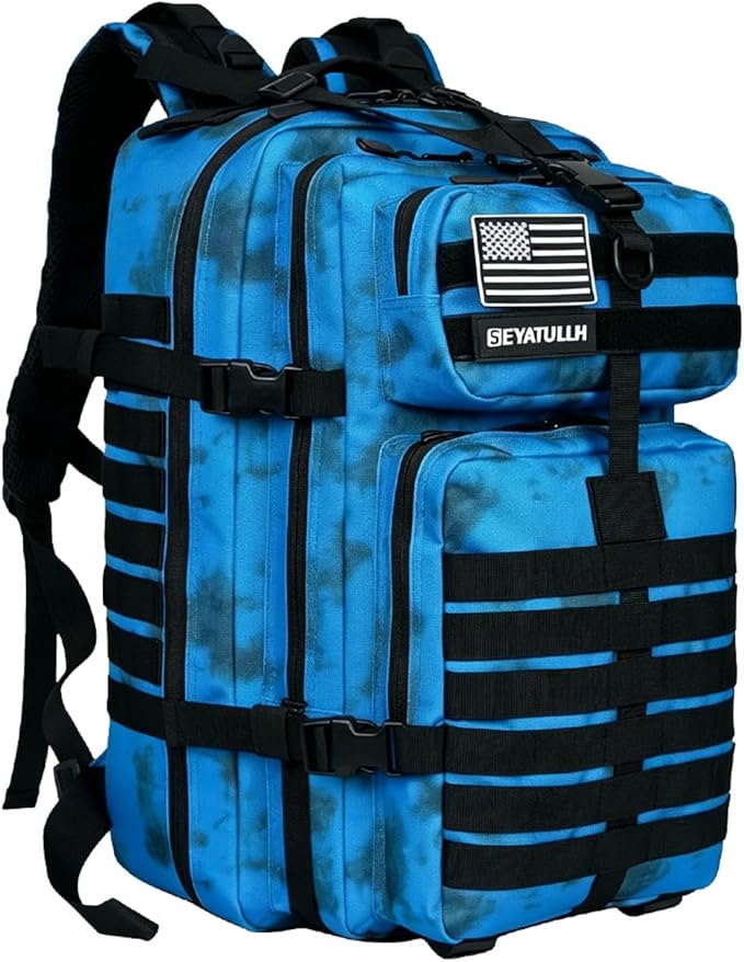 45L Military Tactical Backpack for Men & Women Bug Out Bag Assault pack Molle Daypack Hiking Trekking Rucksack (Blue tie dye)