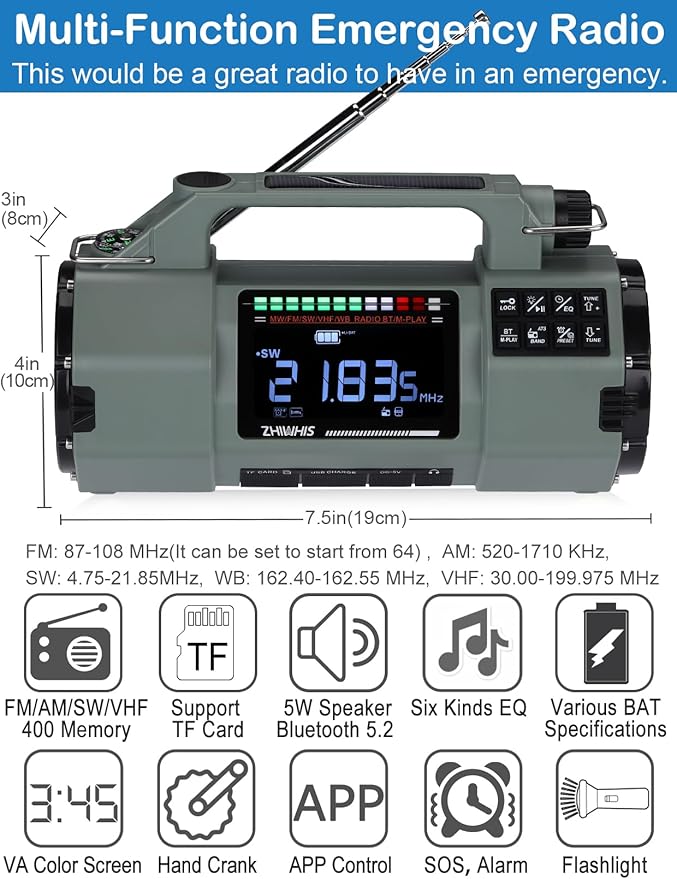 ZHIWHIS Emergency Radio with Bluetooth, Multi-Function Portable Radios with LCD VA Display, FM/MW/SW/VHF/WB Receiver with Alerts, Hand Crank/Solar/USB Charging, 5000mAh for Emergencies ZWS-908(Green)