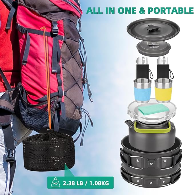 17pcs Camping Cookware Kit, Aluminum Non-Stick Pot, Pan and Kettle Set with 2 Set Stainless Steel Cups Plates Forks Knives Spoons for Backpacking and Hiking Camping