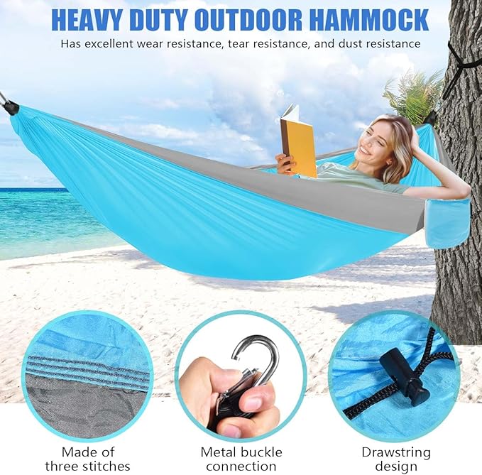 OBTANIM Camping Hammock 500lbs Portable Lightweight Single or Double Hammock with Tree Straps and Carry Bag for Camping Backpacking Hiking Travel Beach Outdoor Indoor (Grey and Blue)