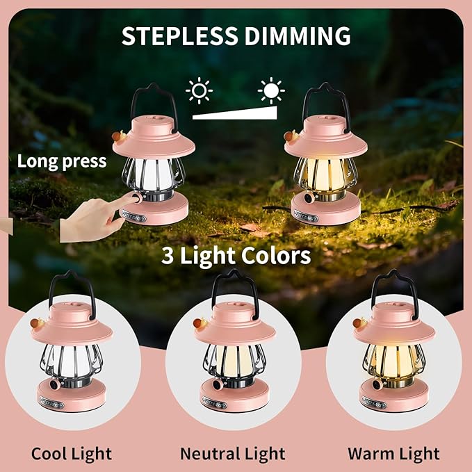 Kids Lantern with 3 Color Dimmable & USB-C Charging, Girls Night Light for Bedroom, Indoor Outdoor Adventures & Emergency Use Toddler Flashlight Camping Essentials for Kids (Pink)