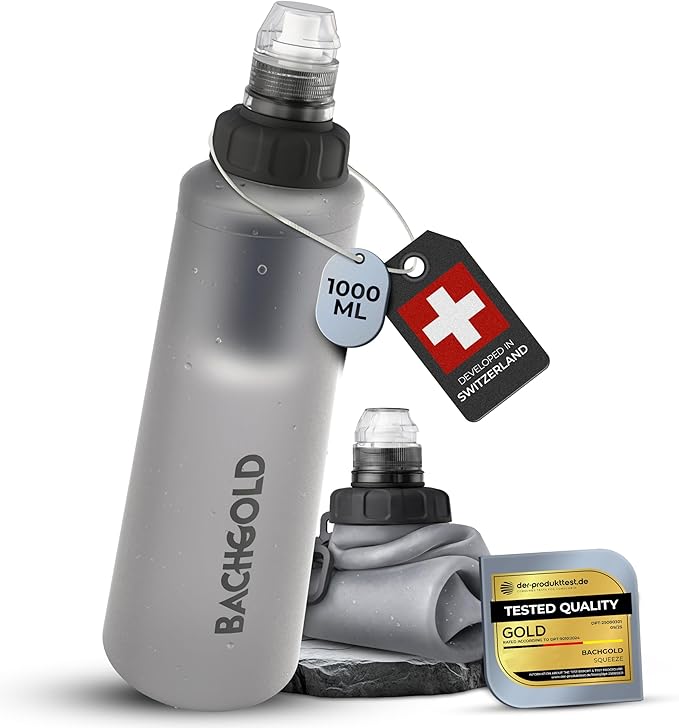 Water Filter Camping – Bachgold Squeeze Foldable Squeeze Bottle | Ultralight Backpacking Filtration for Hiking, Survival & Emergency | Dual-Stage Filtration, Swiss Design