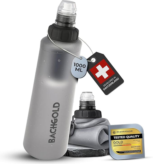 Water Filter Camping – Bachgold Squeeze Foldable Squeeze Bottle | Ultralight Backpacking Filtration for Hiking, Survival & Emergency | Dual-Stage Filtration, Swiss Design