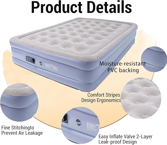 Onirii Queen Air Mattress Bed with Built in Pump,16 Inches High Queen Airbed Inflatable Mattress,Comfort Thickened Blow Up Air Mattress,Travel Sleeping Pad for Guests Home(Queen Size)