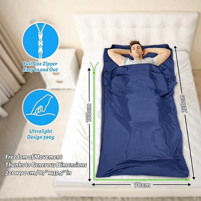 Lightweight Sleeping Bag Liner, Travel Sheets and Adults Sleep Sack, 220 x 95cm with Full Lockable Zipper and Travel Buckle - Portable & Easy Care, Idea for Backpacking, Camping, Hotels, and Trips