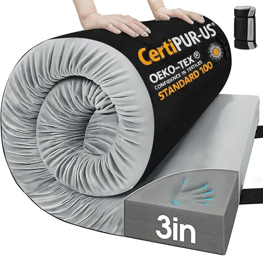 CYMULA Memory Foam Camping Mattress Pad,3inch Sleeping Pad for Camping,Non-Slip Bottom Floor Cot Car Mattress Bed with Retaining Portable Roll up Mattress Pad Mat for Travel Truck Guest Bed Tent