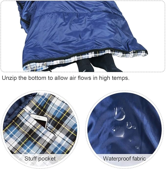 REDCAMP Flannel Sleeping Bag for Adults, Comfortable Cotton Sleeping Bags for Camping with Detachable Hood, Red/Grey/Blue/Black