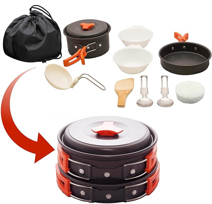12 PCS Lightweight Camping Cookware Set – Non-Stick Pots, Pans & Utensils for Backpacking, Hiking & Outdoor Cooking – Compact Mess Kit for 1-2 People Give Away an Emergency Blanket as a Gift