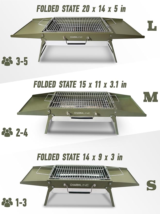 Charmline 15 x 11 inches Portable Charcoal BBQ Grill, Foldable Compact Camping Barbecue for 2–4 People, Ideal for Garden, Beach, Picnic & Tabletop Use, Green